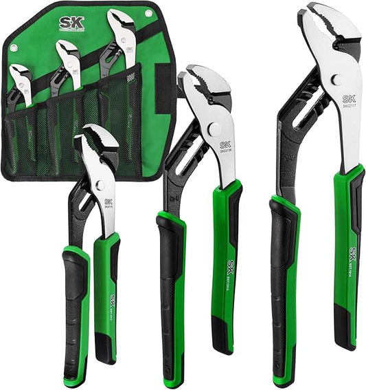 SK 3-Piece Groove Joint Pliers Set, Adjustable Water Pump Pliers, 8-inch, 10-inch, 12-inch, Premium CR-V Steel Construction, Serrated Jaw with Comfortable Grips, Organized in Rolling Pouch