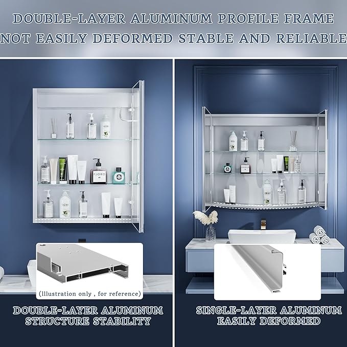 ExBrite LED Lighted Bathroom Medicine Cabinet with Mirror, 20 x 26 Inch, Recessed or Surface Mount, Anti-Fog, Stepless Dimming, Color Temperature Adjustment, 2 Outlets, Storage Shelves, Right Hinge