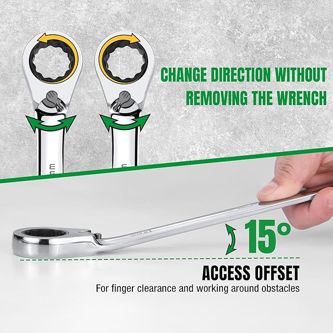 SK Reversible Ratcheting Wrench Set, Combination Wrench Set, 12-Piece, Metric 8-19 mm, 72-Tooth, Premium CR-V Construction, with Rack Organizer