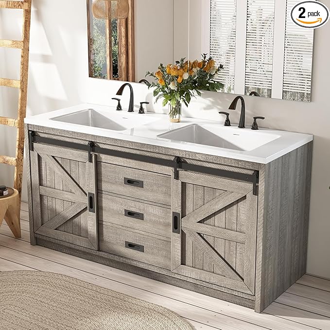 60" Farmhouse Bathroom Double Vanity Sliding Barn Door with Sink Combo, Bathroom Vanity Cabinet with Drawers & Metal Handles, Freestanding, Gray