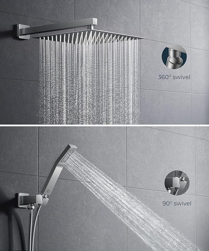 FORIOUS Rain Shower Head System, 10 Inch Shower Faucet Set with with handheld combo, Solid Brass Pressure Balanced Valve and Trim Kit Fixtures, Wall Mounted, Brushed Nickel (Stainless Steel, 10 inch)