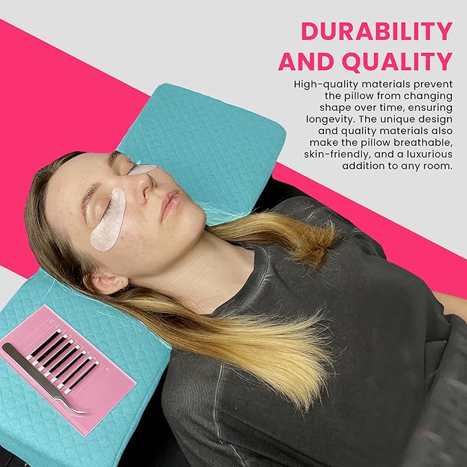 Pillow for Eyelash Extensions - Curved Memory Foam Lash Bed Pillow with Neck and Back Support, Perfect Pillow for Eyelash Extensions, Two Pockets for Tools On The Sides of Pillow (Blue)