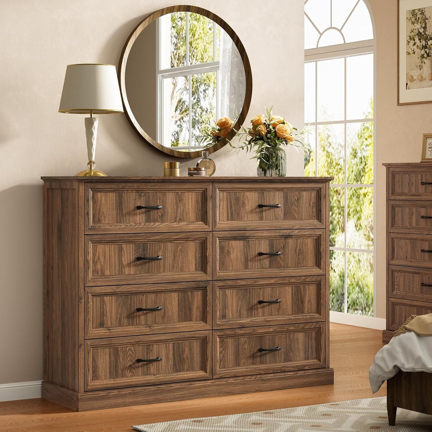 Farmhouse 8 Drawer Dresser for Bedroom, 55 Inch Wide Modern Walnut Dresser TV Stand with Large Drawers & Bar Handles, Rustic Wood Chest of Drawers for Bedroom, Living Room, Hallway, Entryway.