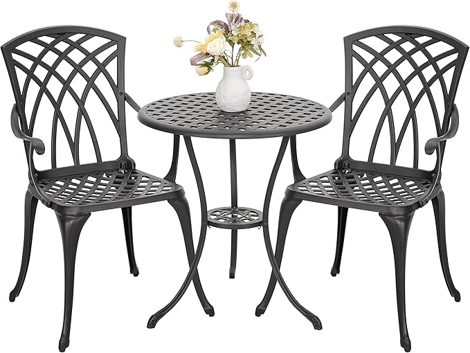 NUU GARDEN Bistro Set 3 Piece Outdoor All Weather Cast Aluminum Patio Bistro Set Patio Table and Chairs Set of 2 with Umbrella Hole for Backyard, Balcony, Front Porch, Lawn, Black