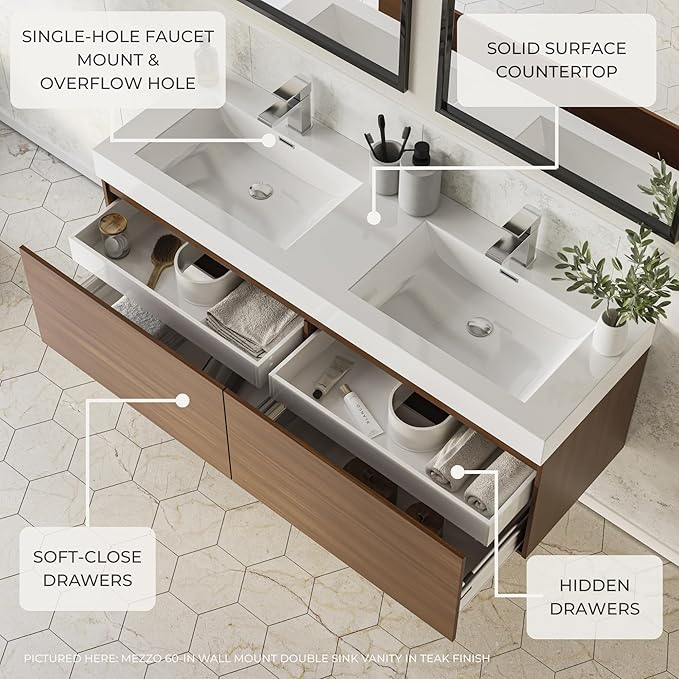 Fresca Mezzo 48 Inch White Wall Mount Modern Double Bathroom Vanity - Includes Double Integrated Sinks with 4 Soft-Closing Hidden Drawers - Faucets Not Included - FCB8012WH-I