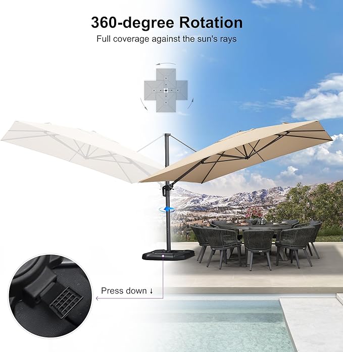 PURPLE LEAF 11.5' X 11.5' Telescopic Patio Umbrella Outdoor Cantilever Umbrella Square Up Down Lifting Offset Umbrella with 360-degree Rotation for Garden Deck Pool Patio Beige
