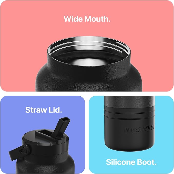 Hydro Gallon® Nomad - Insulated 64oz Half Gallon Water Bottle Jug with Sleeve, Straw Lid, Handle, Strap, Pockets. Large Stainless Steel Metal Gym Thermos. Wide mouth, Leakproof, BPA free. 62oz (Black)