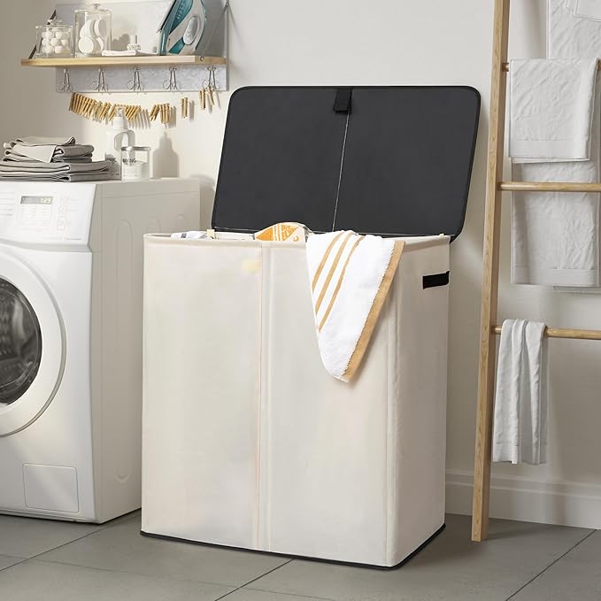 WOWLIVE Laundry Hamper with Lid,160L Large Laundry Basket 3 Section with Removable Washing Bags,Collapsible Waterproof Dirty Clothes Hamper for Laundry Room Bathroom Dorm,Beige