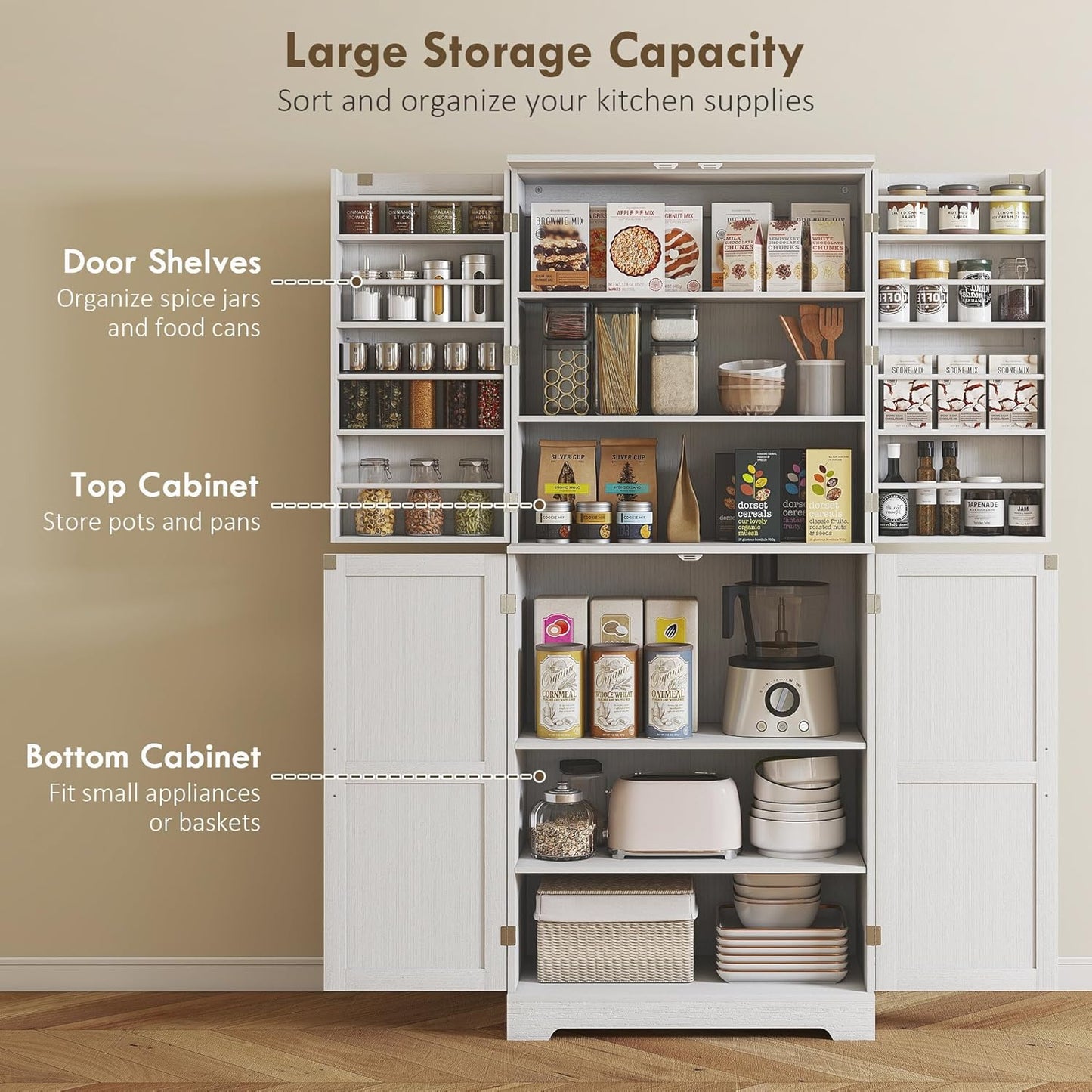 HOMCOM 72" Farmhouse Kitchen Pantry Cabinet, Freestanding Tall Storage Cabinet with 4 Barn Doors, 4 Adjustable Shelves and 8 Door Shelves, Embossed White Wood Grain
