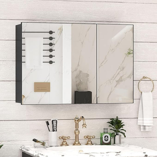 36 x 24 Farmhouse Medicine Cabinet, Tempered Frameless Bathroom Mirror with Storage, Black Recessed or Surface Mount Aluminum Medicine Cabinet for Bathroom Modern