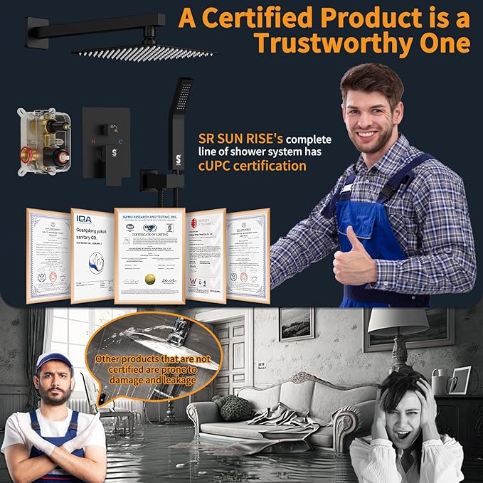 SR SUN RISE Black Square Rainfall Shower Head and Handle Set, Wall Mounted Shower Fixtures, Metal Shower Faucet Trim Repair Kits (With Shower Valve)