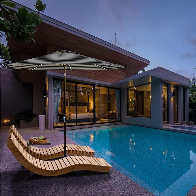Midtown Umbrellas The LED Swilt 10 Feet Patio Umbrella With Sunbrella Black & White Acrylic Fabric - Auto-Tilt Aluminum Frame With LED Lights For Backyard, Deck, Garden, Pool - Black Pole