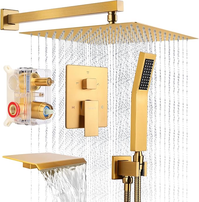 12 Inch Rainfall Shower System with Tub Spout Wall Mounted Complete Combo with Solid Brass Pressure Balancing Valve, High Pressure Shower Head, Handle Set & Installation Accessories