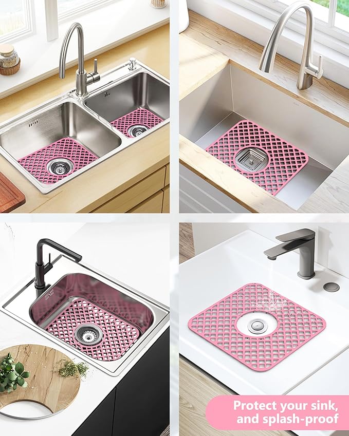 2 Pack Silicone Sink Protector for Kitchen Sink, Lozenge Pattern 12 x 11" Sink Grid Mat Silicone Protectors, Center Drain, Pink