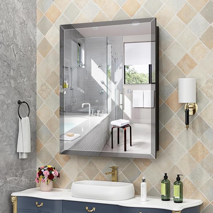 24X30 Inches Medicine Cabinet, Wall Mounted Bathroom Cabinet wirh Beveled Mirror, Recessed or Surface Medicine Cabinet with Storage
