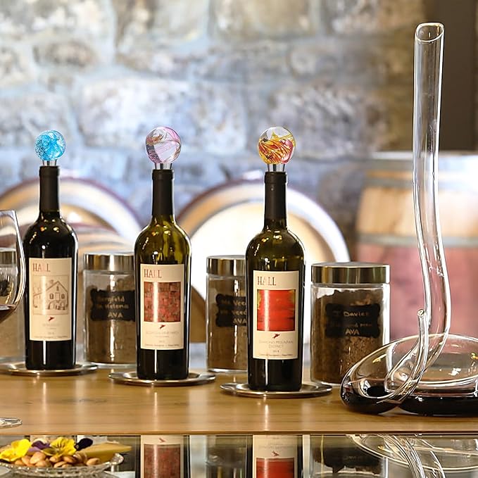 2PCS Hand Blown Glass Wine Stopper Bottle Stopper - Wine Saver, Reusable Wine Corks for Beverage, Stainless Steel Wine Stopper