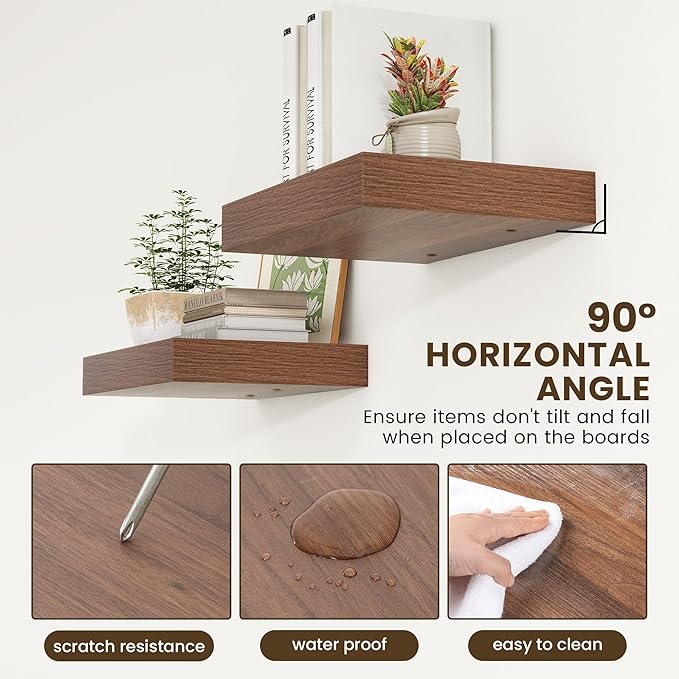 Deep Floating Shelves for Wall | 16 Inch Wide x 12 Inch Deep Floating Shelves Set of 2 | Rustic Walnut Wide Wall Shelves | Bookshelf Laundry Shelf TV Shelf