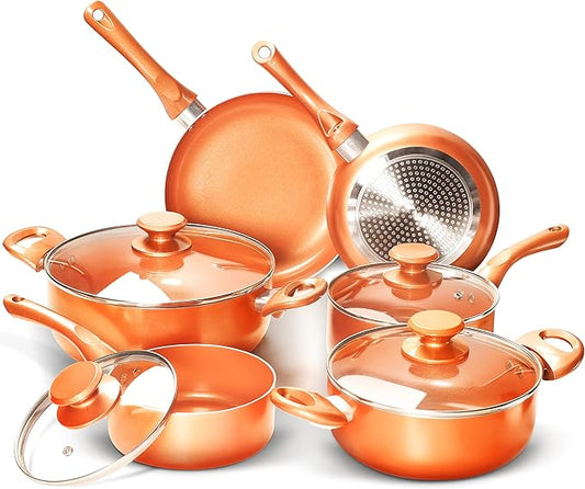 FRUITEAM 10pcs Cookware Set Ceramic Nonstick Soup Pot/Milk Pot/Frying Pans Set | Copper Aluminum Pan with Lid, Induction Gas Compatible, 1 Year Warranty Mothers Day Gifts for Wife…