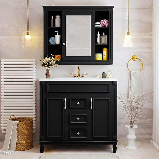 Merax 36" Bathroom Vanity with Sink, 36 inch Bathroom Vanity Storage Cabinet with Matching Mirror Medicine Cabinet, Ceramic Sink Top, Solid Wood Frame, Painted