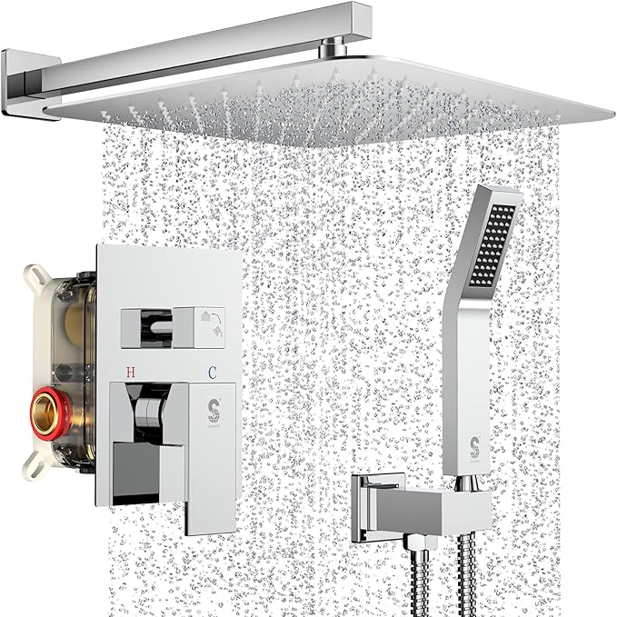 SR SUN RISE Polished Chrome Square Rainfall Shower Head and Handle Set, Wall Mounted Shower Fixtures, Metal Shower Faucet Trim Repair Kits (With Shower Valve) 16 Inches