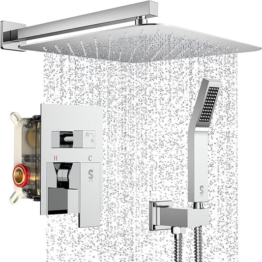 SR SUN RISE Polished Chrome Square Rainfall Shower Head and Handle Set, Wall Mounted Shower Fixtures, Metal Shower Faucet Trim Repair Kits (With Shower Valve) 16 Inches