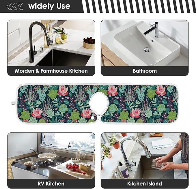 Kitchen Faucet Absorbent Mat,Succulent Plants Cactus Water Splash Guard for Sink, Faucet Drip Catcher Thicken Sponge Microfiber Faucet Water Catcher Mat Sink Absorbent Mat for Kitchen 30x5in 2Pack