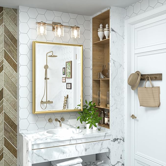 TokeShimi 21x27 Recessed Medicine Cabinet with Mirror Wall Mounted, Aluminum Gold Medicine Cabinet Mirrored, Metal Beveled Mirror with Storage for Bathroom Vanity