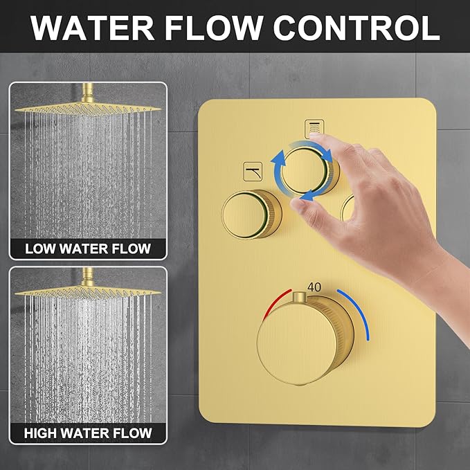 KOJOX Brushed Gold Thermostatic Shower System, Push Button Diverter Shower Faucet Set with 12" Ceiling Mount Rain Shower, 6" Wall Mount Shower Head, and 4-in-1 Handheld Spray