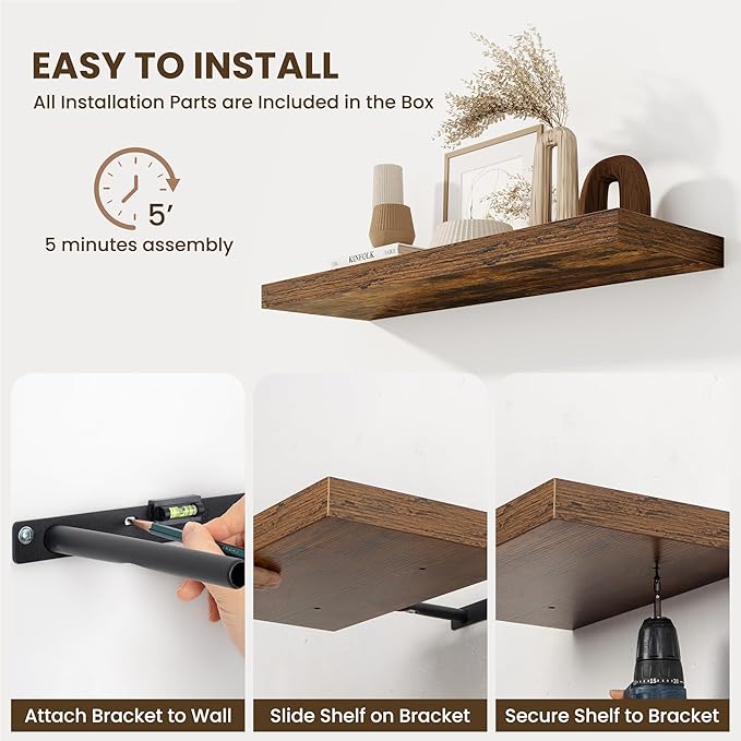 Fun Memories Floating Shelves for Wall, 32 Inch Long Floating Shelves Set of 2, 32 x 10 Wooden Shelves for Wall, Large Storage Shelves, Hanging Shelves for Bathroom Kitchen Bedroom, Rustic Brown