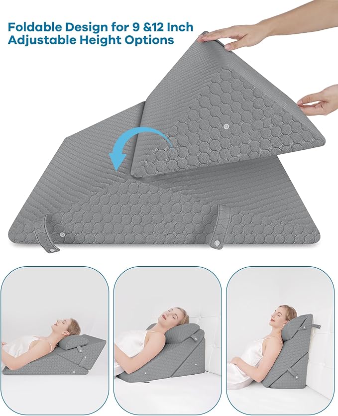 Forias Wedge Pillows Set for After Surgery Foldable Bed Wedge Pillow for Sleeping Adjustable 9&12 Inch Triangle Pillow Wedge with Half-Moon Pillow for Post Surgery Acid Reflux Gerd Snoring - Gray