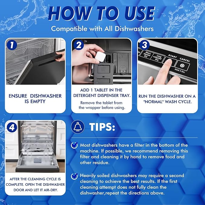 Deep Cleaning Dishwasher Cleaner Tablets - 24 Pack (1 Year Supply) Descaler & Deodorizer Pods, Fragrance-Free, Septic Safe - Removes Limescale, Grease, Odors