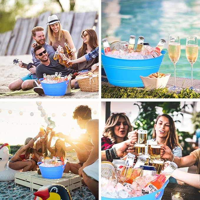 8Pcs Ice Bucket, Plastic Ice Buckets for Parties, Drink Buckets with Handles Beverage Buckets Oval Storage Plastic Tub for Wine Beer Champagne Bottles, 4.3Liter (Blue)