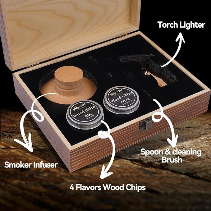 Cocktail Smoker Kit with Torch,High-End Set Old Fashioned Cocktail Kit for Whiskey with Wooden Box for Storage,4 Flavors of,Unique Gift for Men, Fathers,Friends and Elders. (No Butane)
