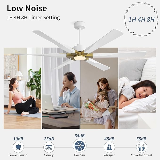 68 Inch Ceiling Fan with Lights and Remote Control, 6 Reversible ABS Blades, 6-Speed Noiseless DC Motor with 4.5" / 12" / 24" Downrods for Bedroom Dining Living Room, Gold and White
