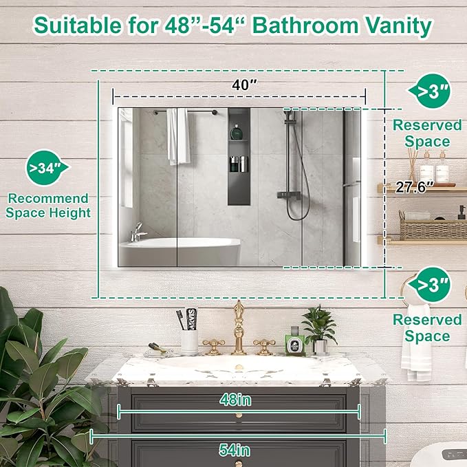 40x28 Inch Medicine Cabinet with Light, AL Alloy Frame, Full-Assembled Bathroom Mirror Cabinet with Brightness Adjustable and Storage, Led Medicine Cabinet Mirrored with Recessed, Black