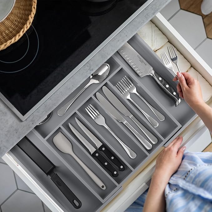 Large Premium Bamboo Silverware Organizer - Expandable Drawer Organizer & Utensil Organizer - 17"x19.7" Cutlery Tray with Dividers for Kitchen Utensils and Flatware (7-9 Slots) (Grey)