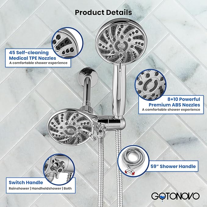 gotonovo Dual 2 in 1 Shower Head Kit High Pressure Combo System Shower Faucet 6 Modes ABS Handheld Spray Shower Trim Kit with Valve Shower Head and Handle Set Polished Chrome