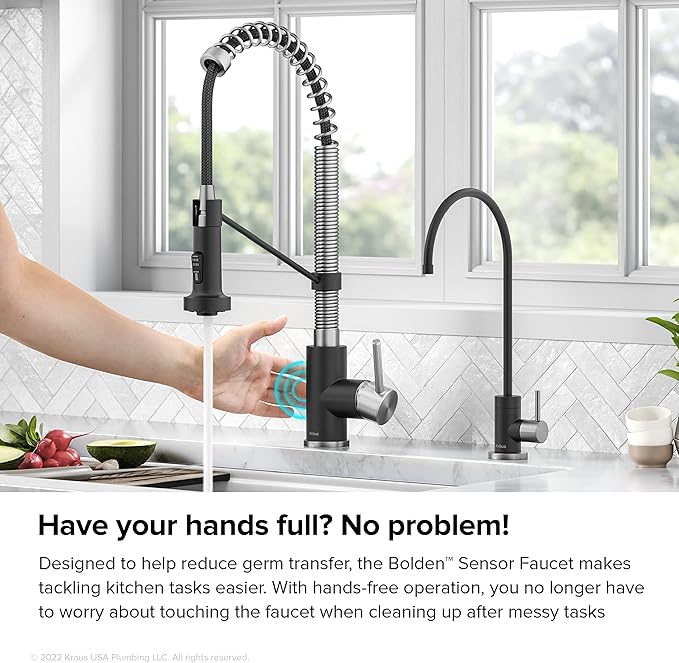 KRAUS Bolden Touchless Sensor Commercial Style 2-Function Single Handle Pull-Down Kitchen Faucet in Spot-Free Stainless Steel / Matte Black, KSF-1610SFSMB