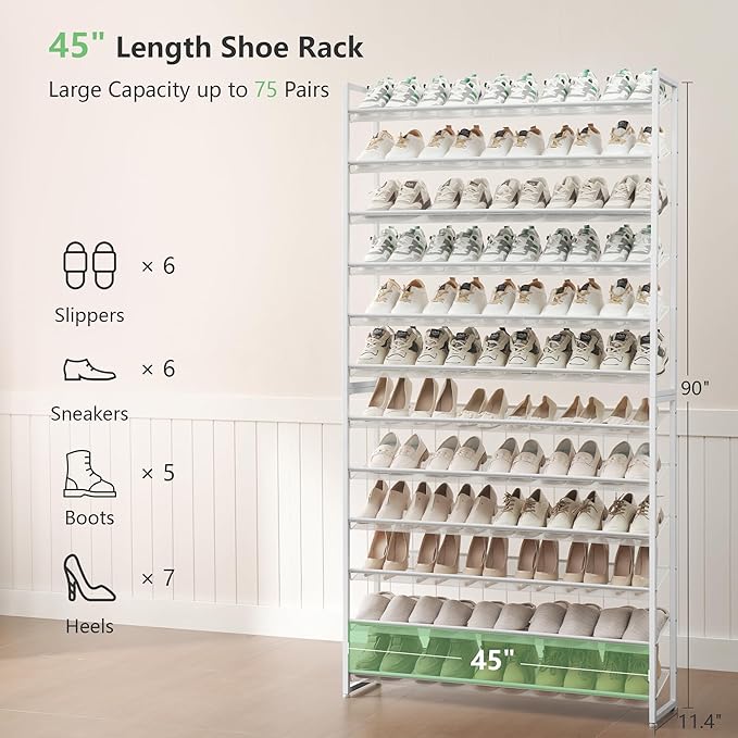 Shoe Rack, Long Shoe Organizer,Max Holds 75 Pairs,12 Tier Metal Shoe Storage Shelf,6-Tier Stackable Shoes Organizer for Garage, Entryway,White