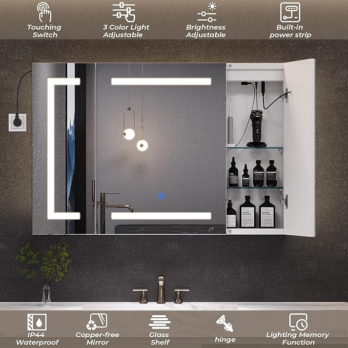 Hasuit Lighted Medicine Cabinet with Mirror, Wall Mounted Bathroom Mirror with Storage, 3 Doors Bathroom Wall Cabinet with LED Lights, 39.4'' x 23.6''