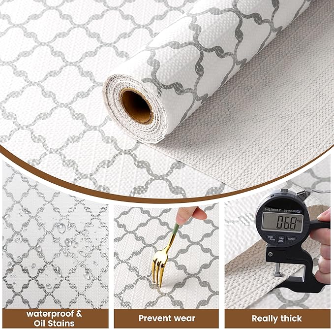 Drawer and Shelf Liner Non Adhesive, Non Slip Kitchen Cabinet Liner, 15 in X 15 FT Waterproof Strong Grip Thick Washable Mat for Cupboard Bathroom Cabinets Shelves Dresser Pantry, White/Elegant Gray