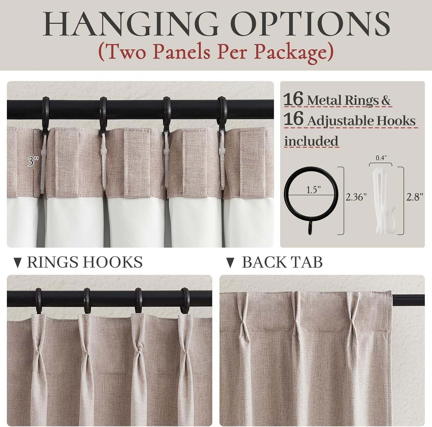 Thick Linen Blackout Curtains 105 Inches Long 2 Panels Set, Custom Length Heat/Draft Blocking Back Tab&Pinch Pleated Neutral Large Window Drapes for Office at Home Living Room Bedroom, W40"xL105"