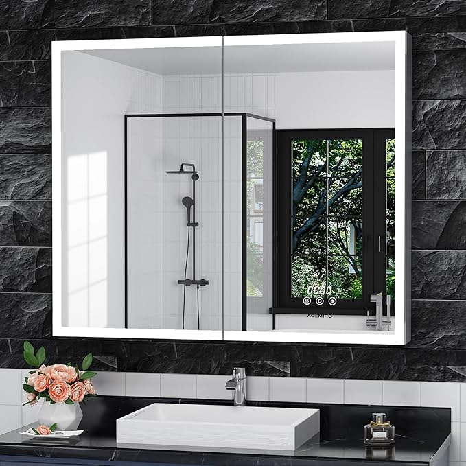 36"×30" Lighted Medicine Cabinet with Mirror, Surface or Recessed Bathroom Mirror Medicine Cabinet with Clock & Temp Display, Defogger, Dimming, Built-in Outlet & USB Ports, Double Door