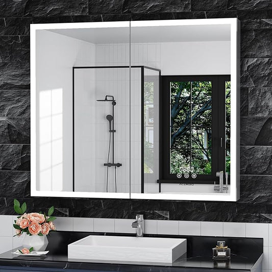 36"×30" Lighted Medicine Cabinet with Mirror, Surface or Recessed Bathroom Mirror Medicine Cabinet with Clock & Temp Display, Defogger, Dimming, Built-in Outlet & USB Ports, Double Door