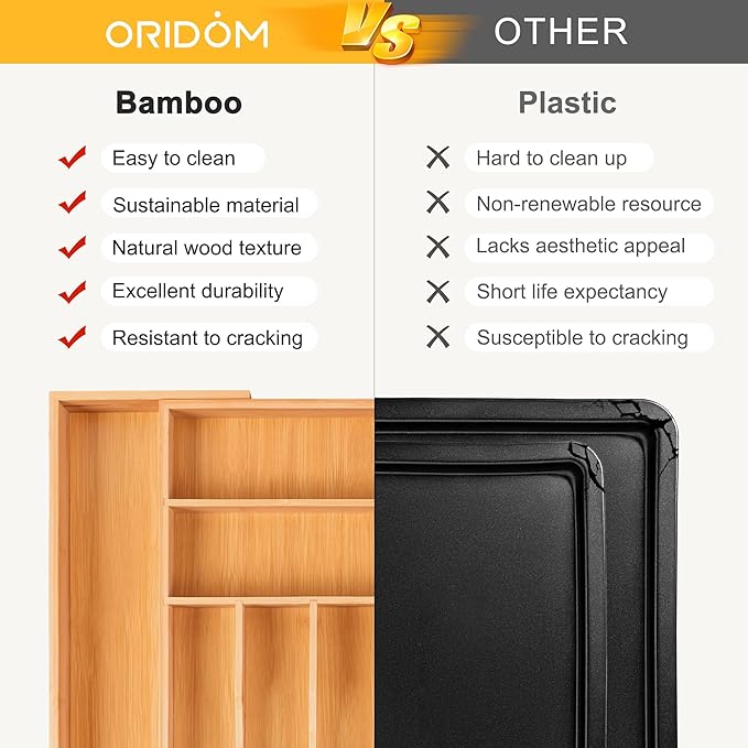 Large Premium Bamboo Silverware Organizer - Expandable Drawer Organizer & Utensil Organizer - 17"x19.7" Cutlery Tray with Dividers for Kitchen Utensils and Flatware (7-9 Slots) (Natural)