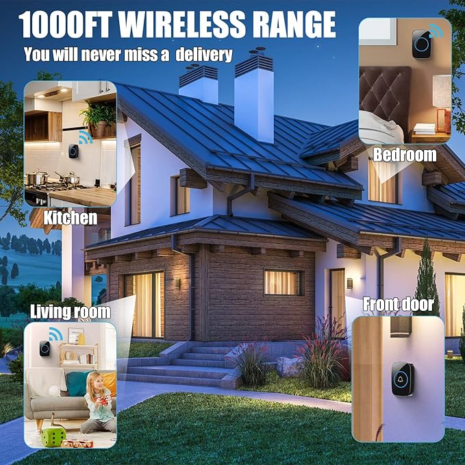 8 Pcs Waterproof Doorbell Kit 4 Pcs Home Doorbell with 4 Pcs Receivers 1000 FT Range 5 Volume Levels with 60 Doorbell Chimes and LED Flash (Black)