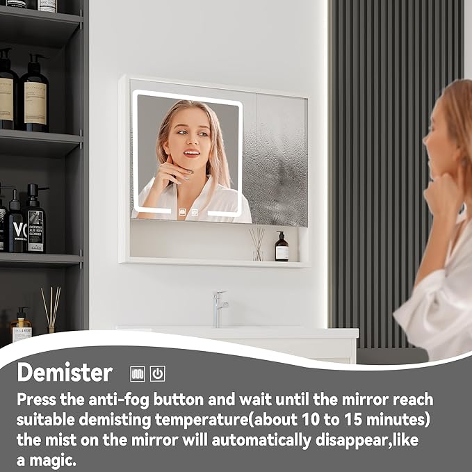 32'' Bathroom Vanity with Ceramic Sink Combo and Medicine Cabinet Mirror with Led Light/Defog, Wall Mounted Small Bathroom Vanity with Soft-Close Door Modern Floating Cabinet, Khaki(No Faucet)