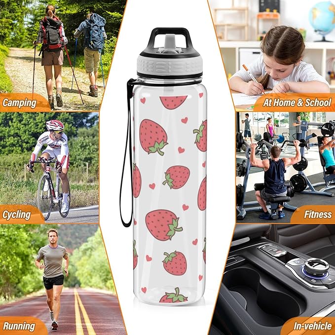 Strawberry Water Bottle with Straw Cartoon Heart Sports Bottles BPA-Free Tritan Water Jug with Carrying Strap for Gym Office Outdoor Sports