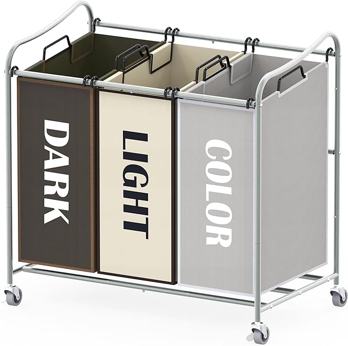 Simple Houseware Heavy Duty 3-Bag Laundry Sorter Rolling Cart, Silver/Assorted – Durable Triple Laundry Hamper with Removable Bags and Lockable Wheels for Laundry Room Organization