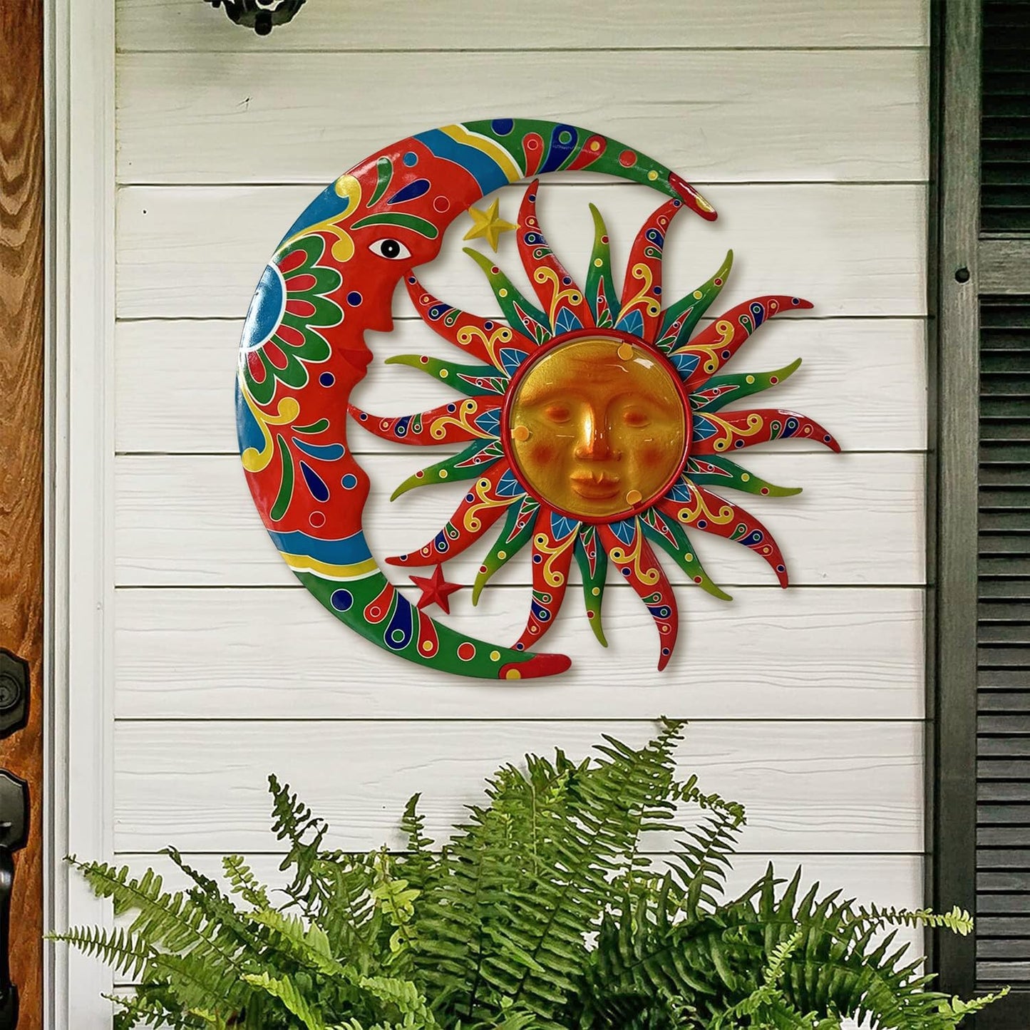 Limygus Sun and Moon Wall Decorations for Outdoor, Colorufl Metal Sun Wall Art Decor with Moon & Stars Perfect for Patio, Garden, Yard, Living Room, Bedroom